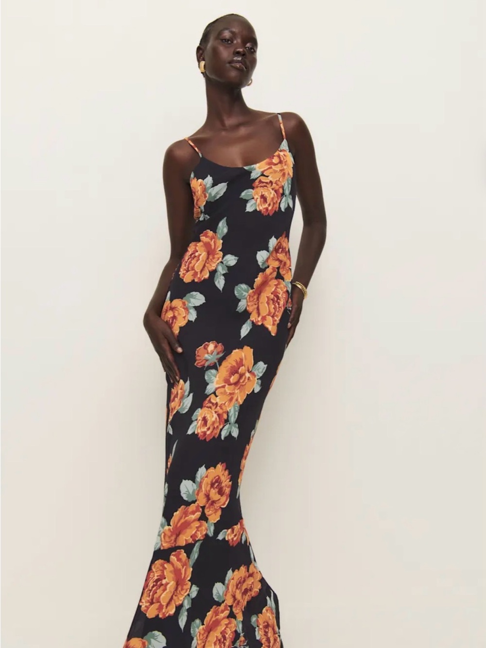 Reformation Parma Floral Slip Maxi Dress - Black with Orange Rose Print